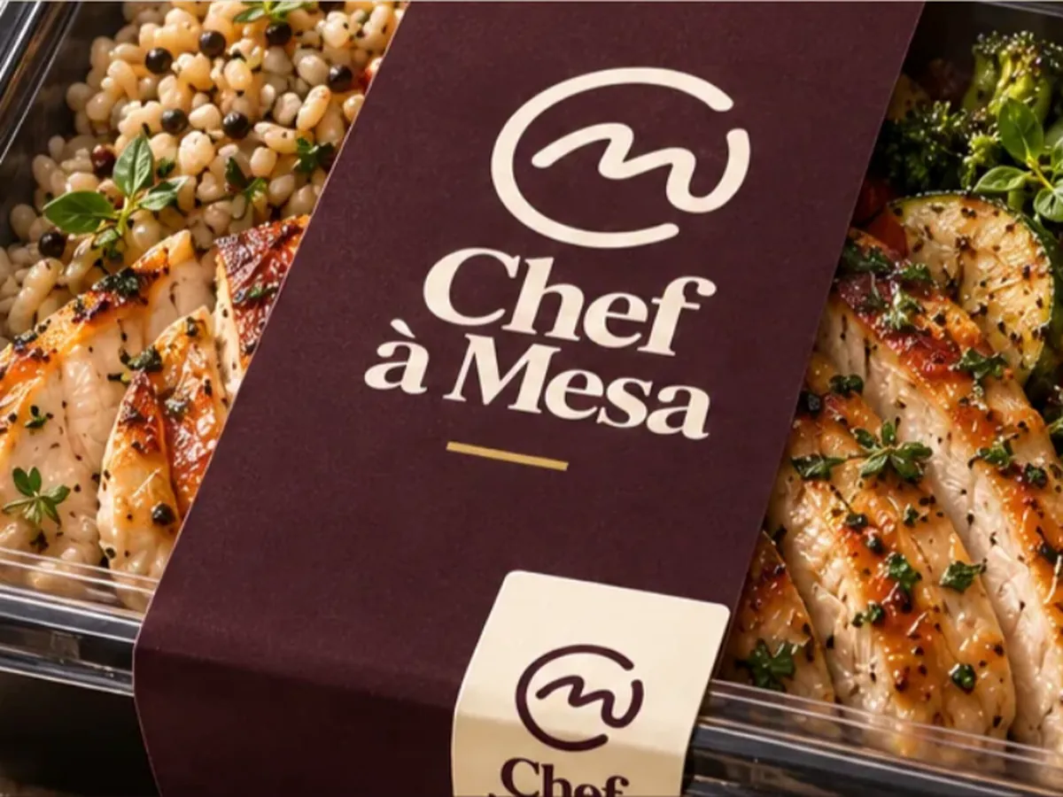 Capa do brandbook da Chef à Mesa com o símbolo da marca e um prato servido