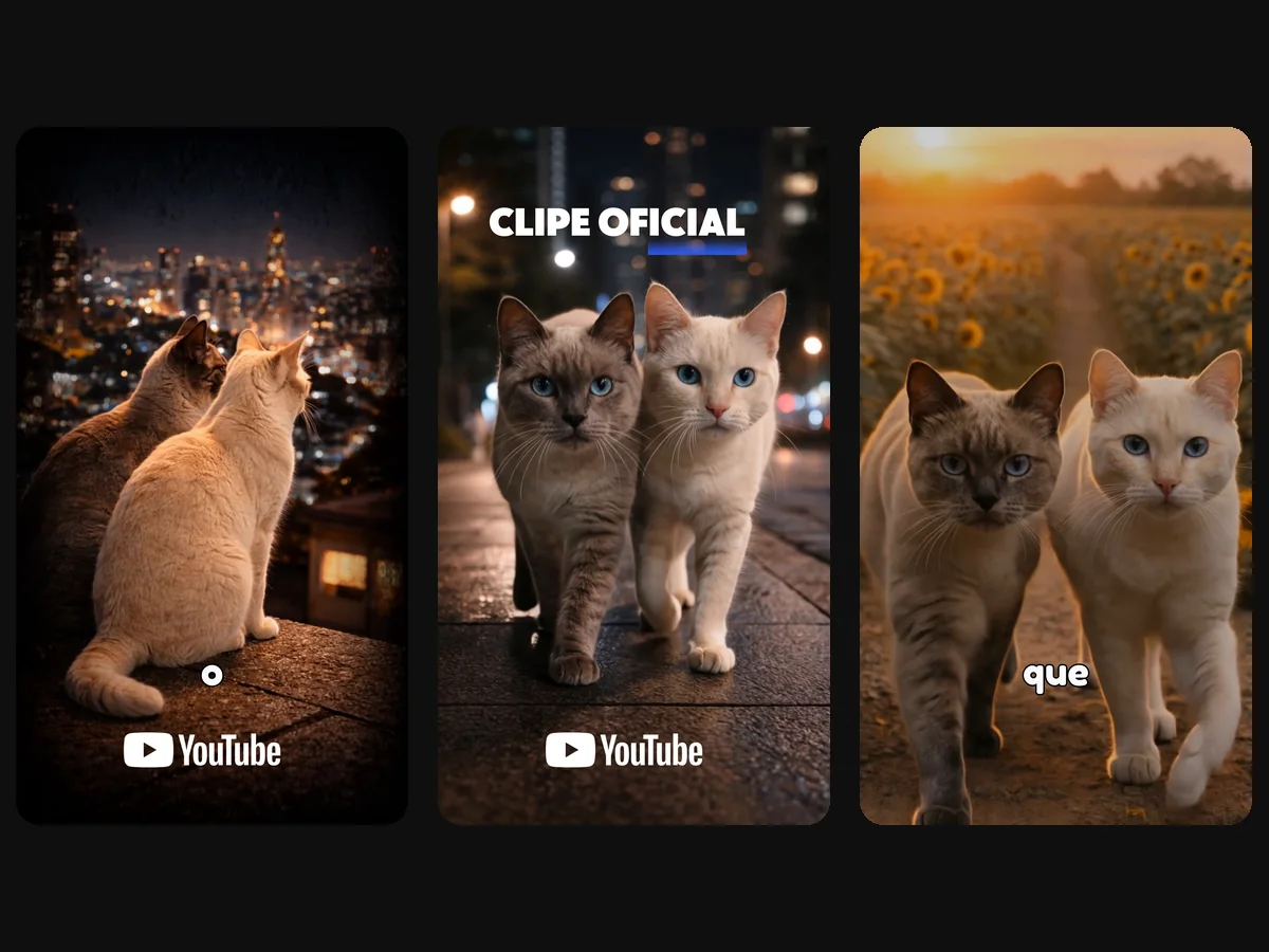 Três cenas do teaser com os gatos Dudu e Branquinho gerados com IA