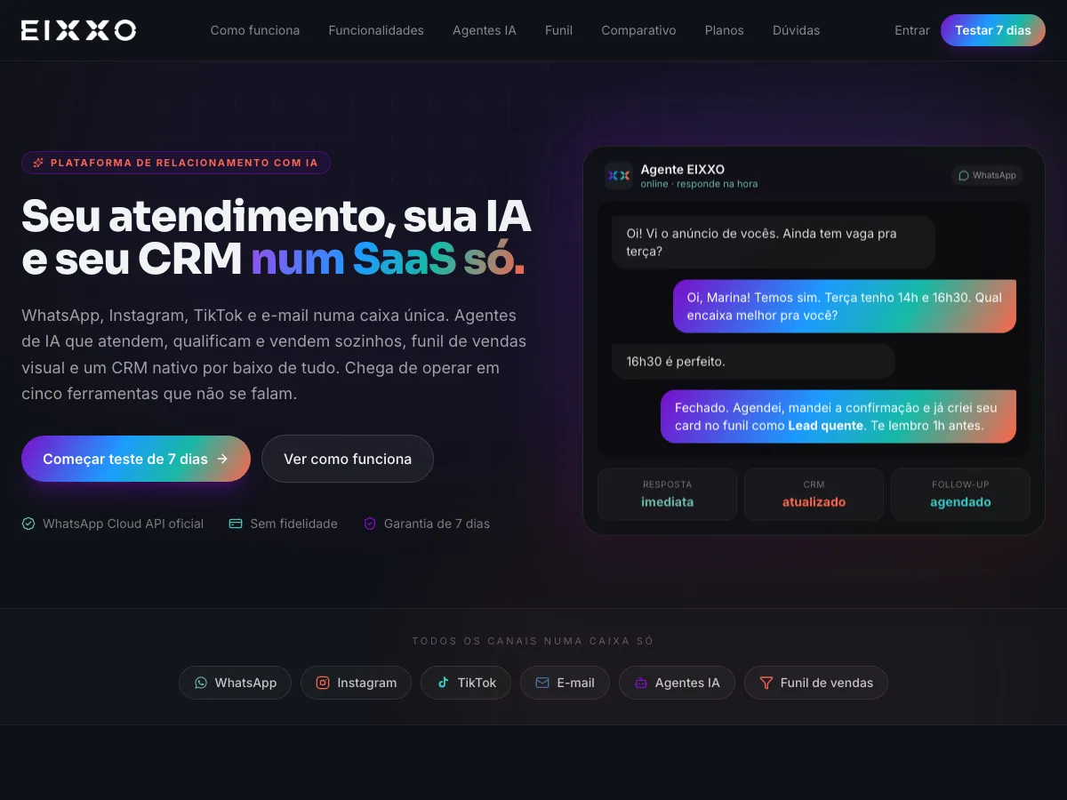 Página inicial da EIXXO: atendimento, IA e CRM num SaaS só