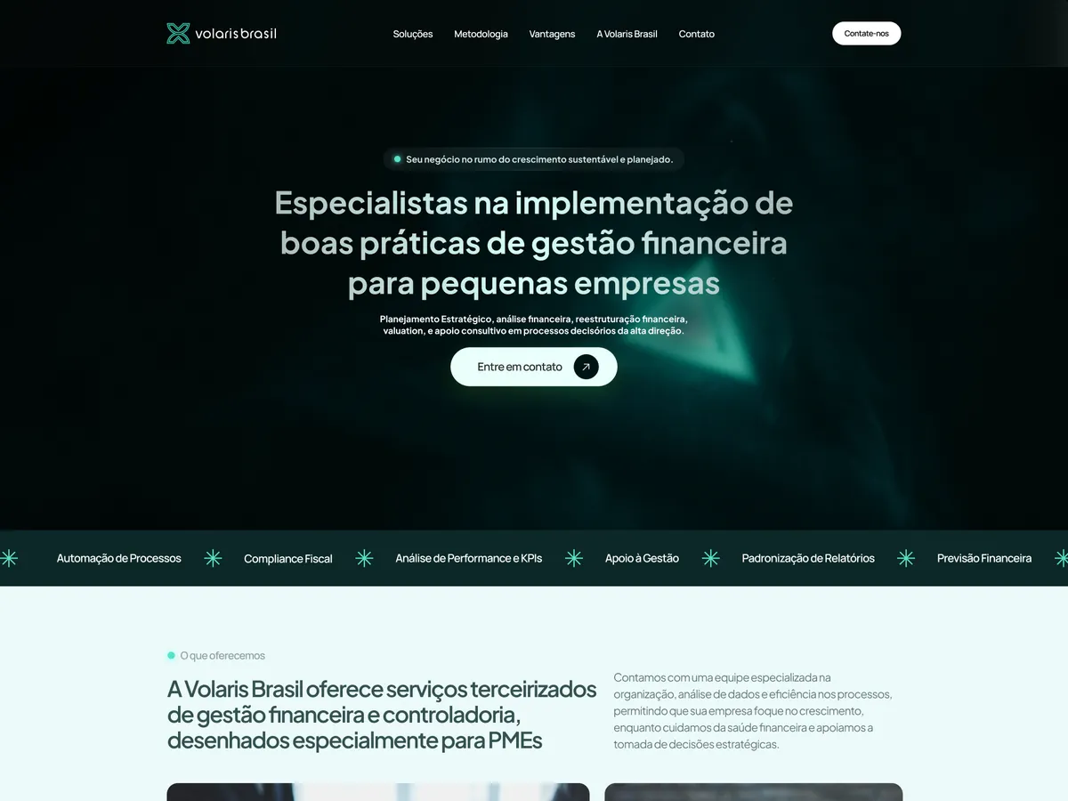 Topo do site da Volaris Brasil: especialistas em gestão financeira para pequenas empresas