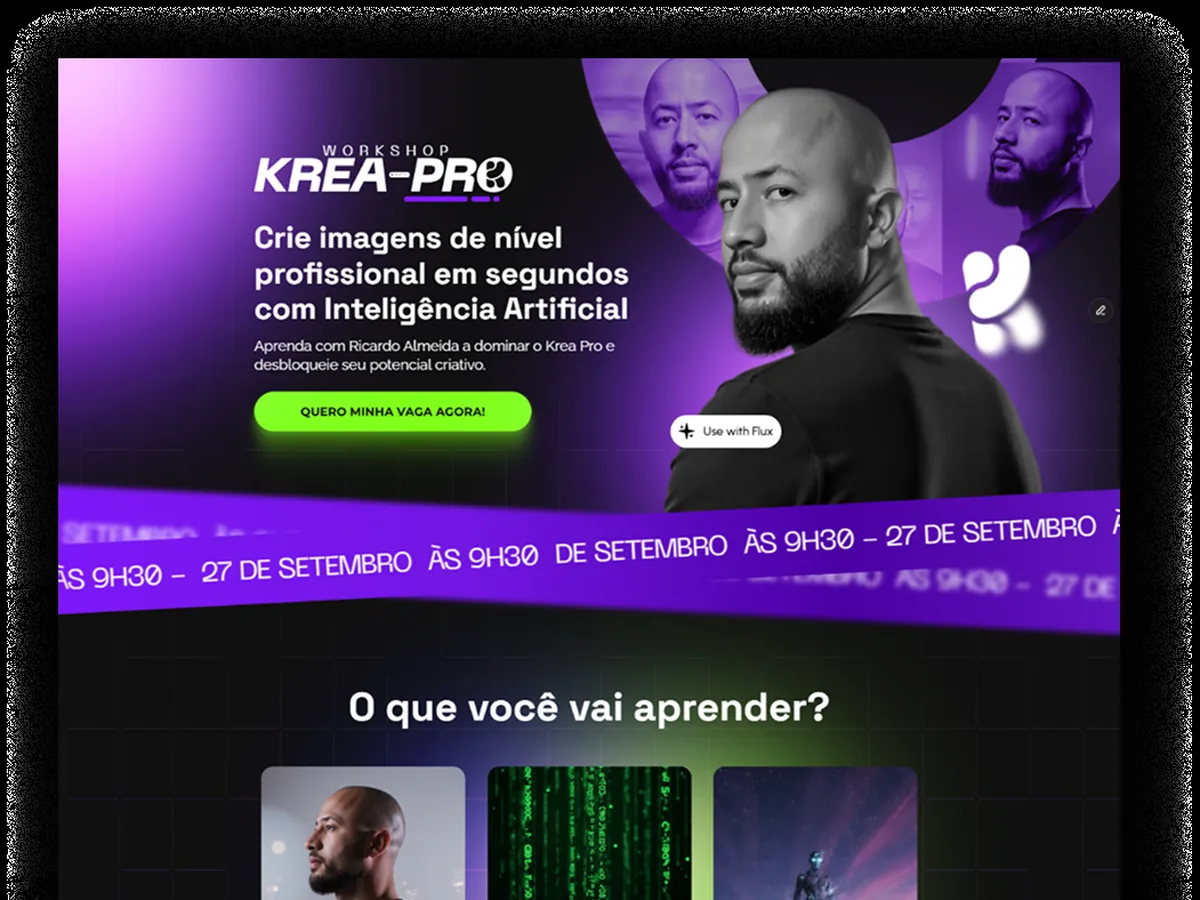 Topo da landing page do Workshop Krea Pro sobre imagens com inteligência artificial