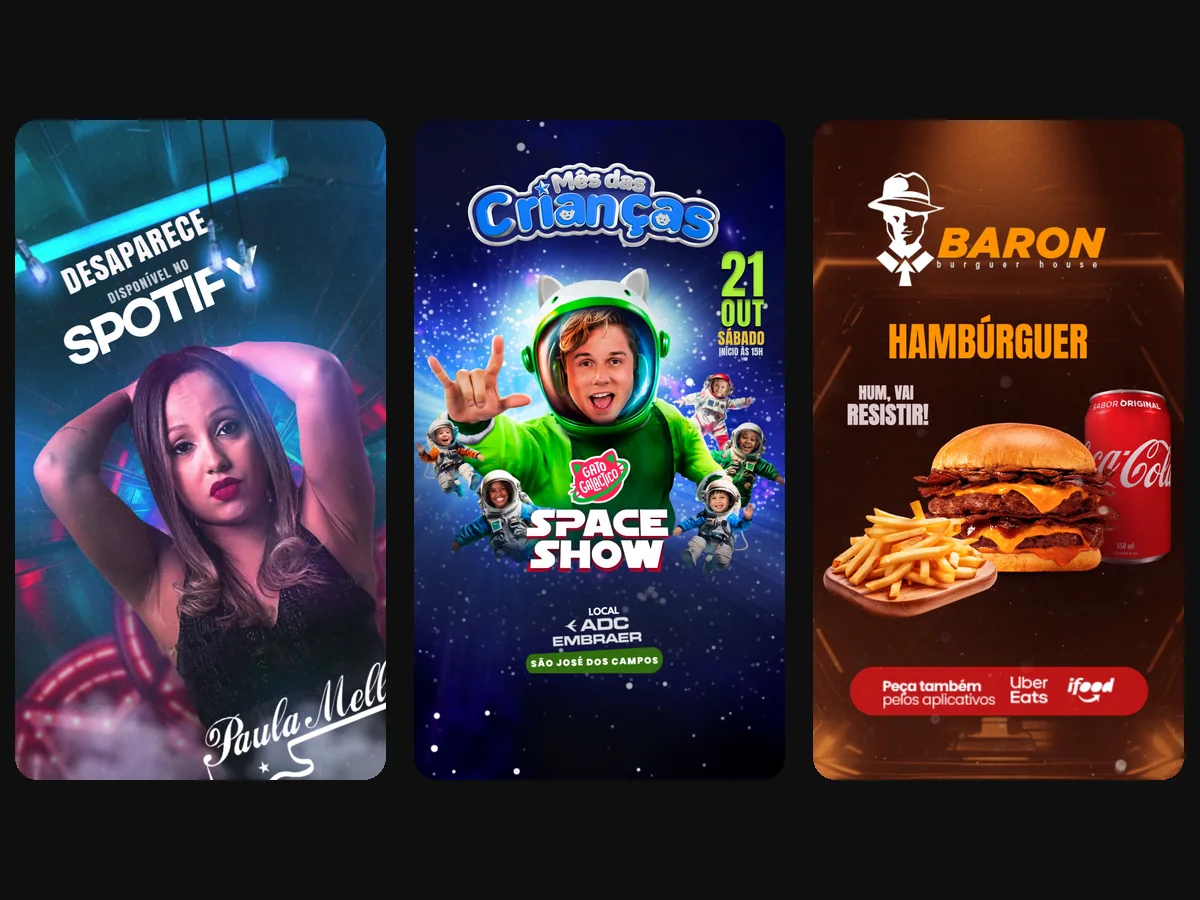 Três peças de motion verticais: lançamento no Spotify, show infantil e hamburgueria