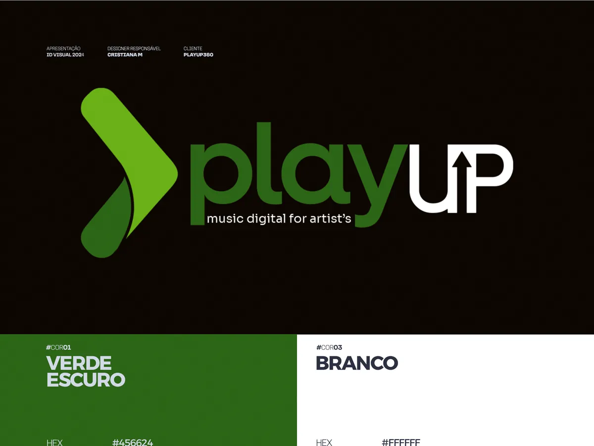 Logotipo PlayUp Music em verde sobre fundo escuro, com a paleta da marca